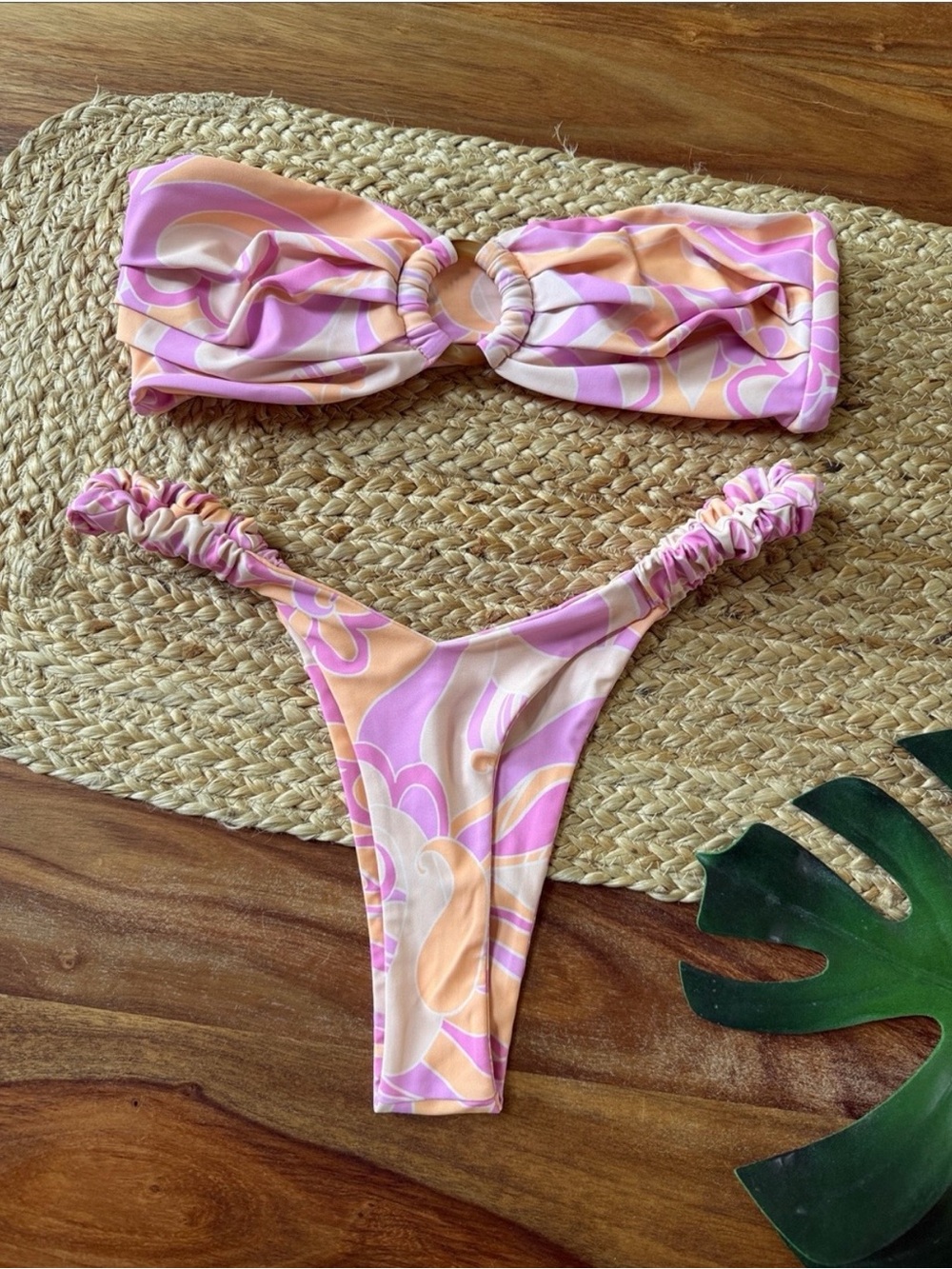 Kulani Kinis Pink & Peach Torti Ring-Detail Bandeau Thong Bikini Set Medium